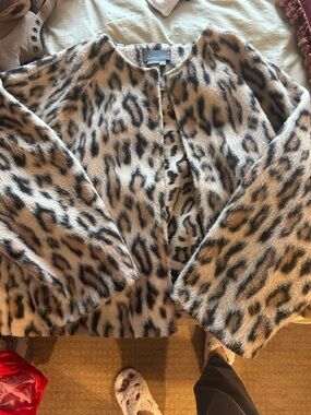 Anthropologie Leopard Print Faux Fur Jacket in Tan, Black, Cream
